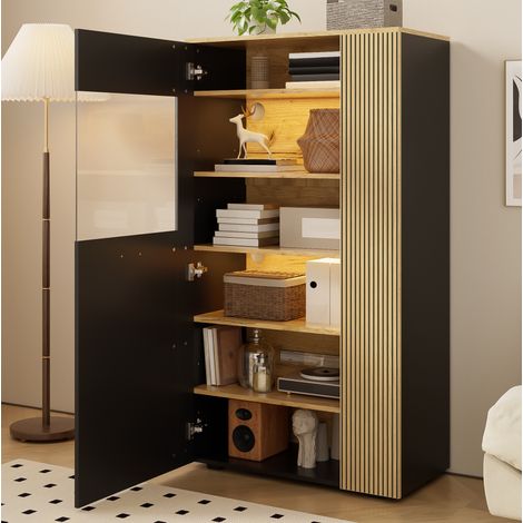 Meuble de rangement vitrine LED 16 couleurs 80 x 40 x 146 cm noir et bois DESVIAE (1/5)