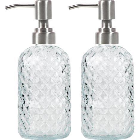 Lot de 2 - Distributeur de savon - Verre transparent - Pompe acier inoxydable 304 antirouille - Pour salle de bain et cuisine - Transparent - 18,5x7,1cm (1/4)
