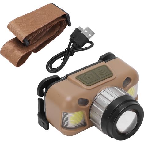 Lampe frontale rechargeable USB-C marron, étanche IPX4, légère et portable, idéale pour camping et randonnée nocturne. (1/5)