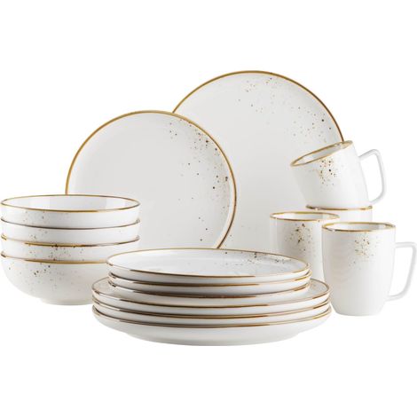 Série Service de table pour 4 personnes, 16 pièces avec vernis clair, taches marron visuelles et bord fin, aspect vintage fait à la main, porcelaine (1/5)