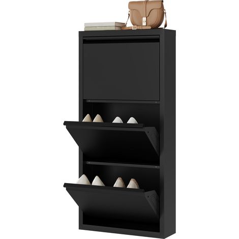 WOLTU Schuhschrank, Schwarz,mit 3 Klappen, Schuhregal, Schuhkipper, für 9 Paar Schuhe, aus Metall, 50x106x15 cm (1/5)