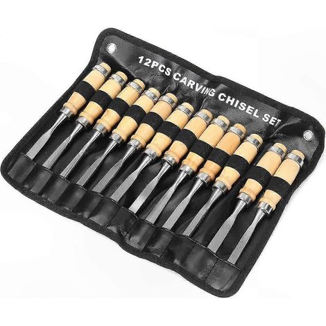 Set mit 12 professionellen Holzmeißeln zum Schnitzen und Gravieren, Handwerkzeuge für die Holzbearbeitung, komplettes Set für den Schreinerei- und Holzbau. (1/5)
