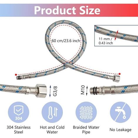 60 CM/Lot de 2 Tuyaux de Raccordement Flexibles Robinets G3/8 x M10,Tressé Acier Inoxydable Rallonge Lavabo Tubes,Flexible Robinet Cuisine FOREHILL pour Cuisine Salle de Bain(Rouge et Bleu)