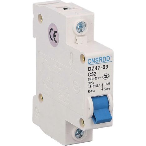 Disjoncteur monophasé (MCB) pour montage sur rail DIN, pouvoir de coupure de 6000 A, 230 V/400 V, 32 A, pour bureau à domicile