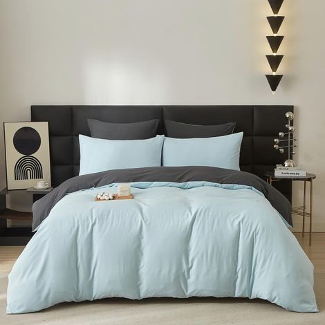 Parure de lit 2 pièces en coton 135 x 200 cm - Bleu clair - Pour lit simple - Housse de couette 135 x 200 cm et 1 taie d'oreiller 80 x 80 cm avec fermeture éclair (1/5)
