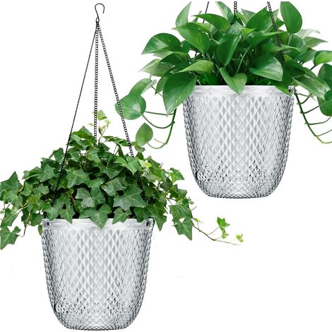 Lot de 2 Pots suspendus, Arrosage automatique, Plastique transparent, Chaînes incluses, Jardin Maison (1/5)