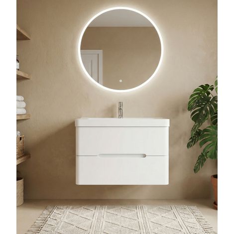 Meuble Salle de Bains avec vasque/lavabo FIDJI 80 suspendu laqué Blanc brillant avec plan en résine (1/5)