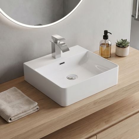 CECIPA MAX Lavabo in ceramica bianca 42 x 42 cm – Lavabo da appoggio e sospeso con troppopieno, inclusa piletta click-clack (1/5)