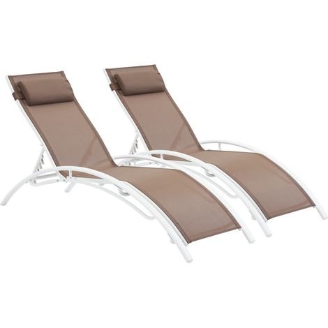 Habitat Et Jardin – Lot de 2 bains de soleil inclinables en aluminium – Siège en textilène taupe – Dimensions 181 x 58 x 93 cm – Résistant aux UV (1/3)