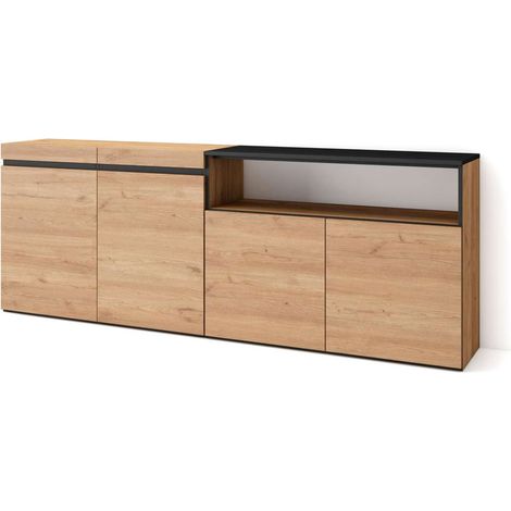 Aparador Adamuz de 200x75x35 cm con 4 puertas, color roble y negro (1/4)