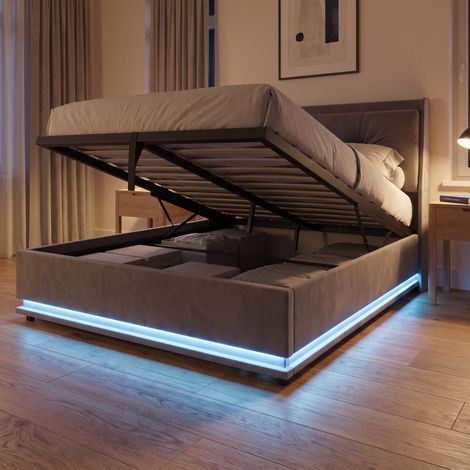 Lit coffre double 140x190 cm avec LED et USB, Lit adulte en velours avec sommier, style moderne, Gris (1/5)