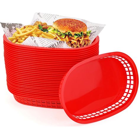 30 Paniers Alimentaires, Plastique Réutilisable, 27x17cm, Rouge, Pour Frites Burgers Snacks, Fête Cinéma (1/5)
