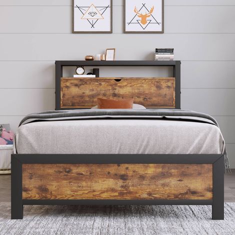 Lit simple 90 x 200 cm avec tête de lit de rangement, cadre en métal noir style industriel pour chambre enfant, ado ou adulte (1/5)