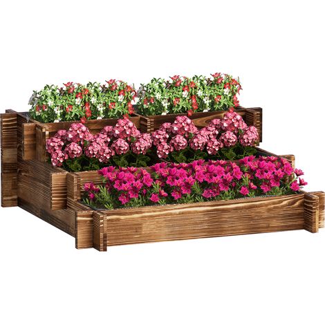 Dreistufiges Hochbeet mit Treppendesign und Vliesstoff für Blumen, 93 x 93 x 35 cm, karbonisiert