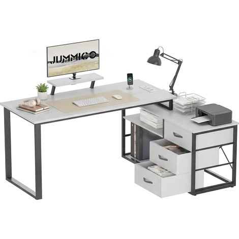 Bureau d'angle en L Réversible 140x100 cm, Bureau Gris avec 3 Tiroirs, Étagères et Support Moniteur, Bureau Informatique avec Prise de Courant, Idéal pour Home Office (1/5)