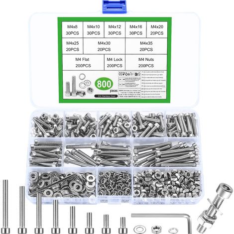 800 Pièces Set de Vis M4, Boulons Vis et écrous, Vis à Tête Cylindrique à Six Pans Creux en Acier Inoxydable, Vis Boulon et écrous et Rondelles Kit pour Réparation Bricolage (1/5)