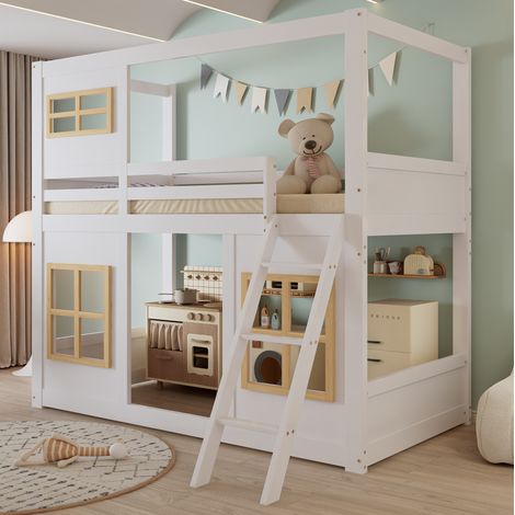 Letto a castello in legno massello e MDF bianco+naturale 90x200 cm con scala e protezione su 4 lati (1/5)