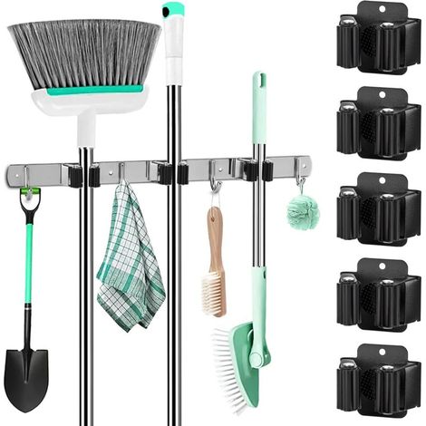 6-Piece Wall-Mounted Broom Holder, Stainless Steel Wall Mounted Broom Holder (Black) 66.2cm (1/4)