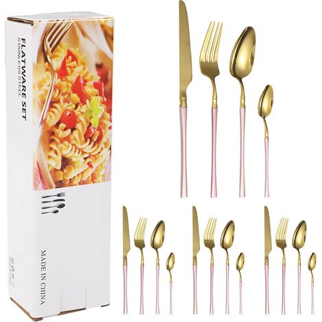Couverts en acier inoxydable (rose doré), comprenant un couteau et une fourchette à steak, une cuillère à dessert. (1/5)