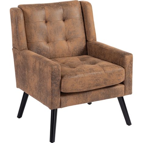 Fauteuil rembourré à capitonnage boutonné en daim – fauteuil moderne mid-century avec coussin en mousse haute densité et pieds en bois massif pour petits espaces: salon, chambre, bureau