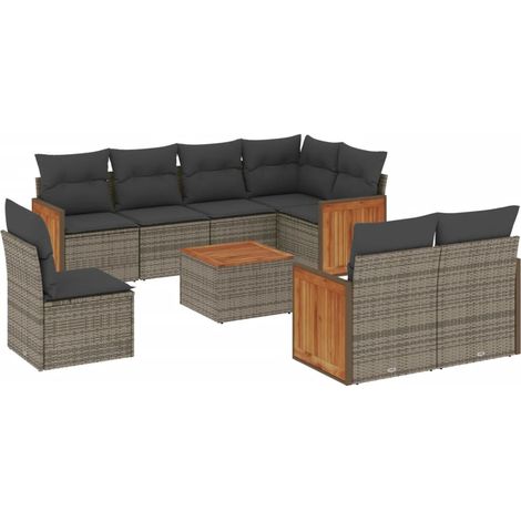 Set de muebles de jardín 9 pzas y cojines ratán sintético gris vidaXL (1/5)