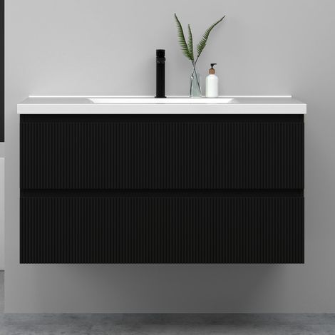 Meuble de salle de bain suspendu Strié 100cm avec simple vasque + 2 tiroirs, Noir