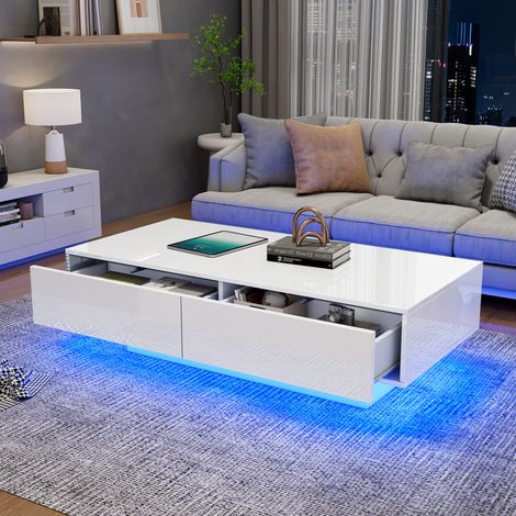 LED Couchtisch mit 2 Schubladen 110x55x34cm moderner Stil Beistelltisch Sofatisch Wohnzimmermöbel weiß glänzend