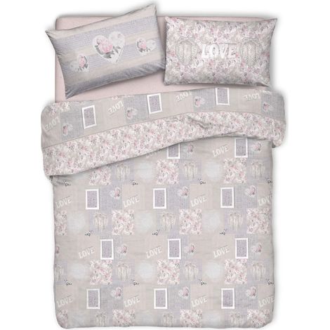 Copripiumino parure sacco e federa stile romantico shabby 100% cotone singolo matrimoniale Rosa - Singolo