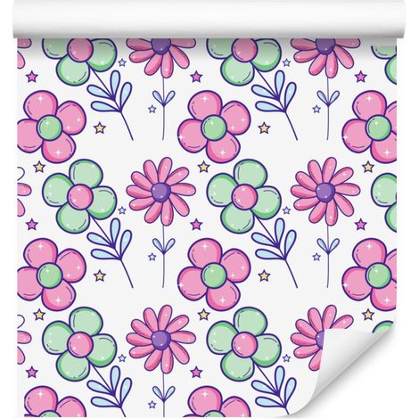 Papier peint fleuri blanc, rose poudré et lavande pour salon et chambre 50x1000 cm (1/5)