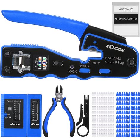 Kit d'outils de sertissage RJ45, compatible avec les connecteurs RJ45 Cat5e, Cat6 et Cat6a, avec 100 connecteurs, 100 capuchons, une pince pour câbles réseau, un testeur et des lames (1/5)