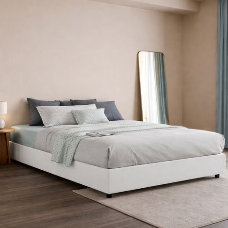 Talamo Italia Letto matrimoniale Grace, Letto contenitore con rivestimento in tessuto, 100% Made in Italy, Apertura frontale, con materasso Cm 160x200 incluso, Bianco, con imballo rinforzato (1/5)