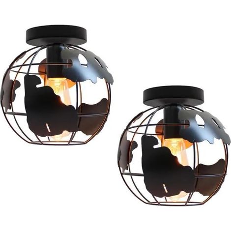 U-Do 2Pcs Plafonnier Industriel Créatif E27 20CM Vintage Lampe de Plafonde Cage en Fer Noir (1/4)
