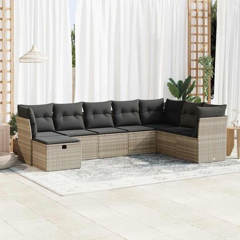 8-tlg. Garten-Sofagarnitur mit Kissen Hellgrau Poly Rattan (1/5)
