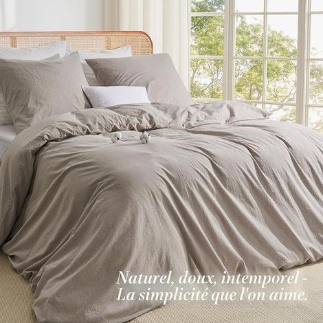Duvet Cover 135 x 200 cm Cotton Linen Effect Pre-Washed Cotton Summer Beige 1 Duvet Cover 135 x 200 cm + 1 Pillowcase 80 x 80 cm with Zip (1/4)