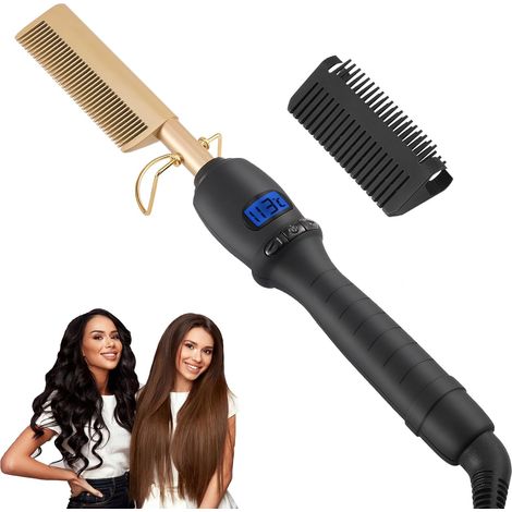 Peine calefactor para pelucas, 3 en 1, para alisar el cabello afro, con 14 niveles de ajuste de temperatura (80-210 °C) y pantalla LCD digital. (1/5)