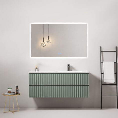 Mobile bagno sospeso cannettato 120 cm Verde Salvia Lavabo a Destra in Ceramica Specchio Quadro Retroilluminato - Fiji Paint (1/4)