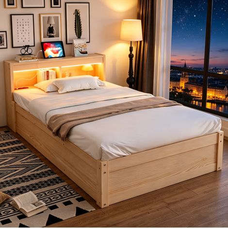 Cama individual 90x200 cm color madera en pino y MDF con LED, enchufe y almacenamiento hidráulico (1/5)