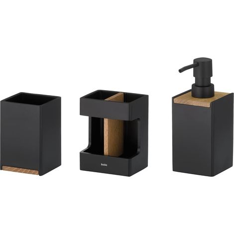 kela Set da bagno 3 pezzi CUBE nero, effetto legno, bicchiere, portaspazzolino, dispenser sapone 300 ml, accessori da bagno neri