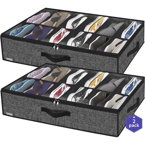 Scatole porta scarpe da riporre sotto il letto - Set da 2 per 12-24 paia - Soluzione di stoccaggio traspirante con finestra trasparente - Effetto lino nero (1/5)