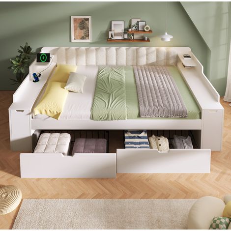 MODFU – Cama tipo banco para adultos 140x200 cm de MDF con USB Type-C, cajones, compartimentos y carga 300 kg – Blanco/madera (1/5)
