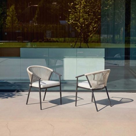 Lot de 2 fauteuils empilables acier et cordes - Liora Anthracite / Beige (1/5)