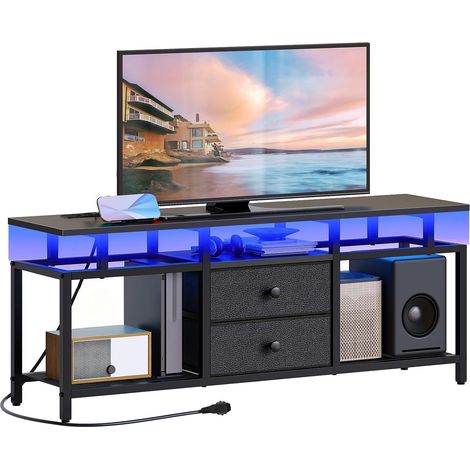 Meuble TV Flottant, pour télé de 45'' Pouces maximale, Console Média avec Station de Charge et Ruban LED, 2 tiroirs, Centre de Divertissement pour Salon, Chambre, Noir XDS03CDBB (1/5)