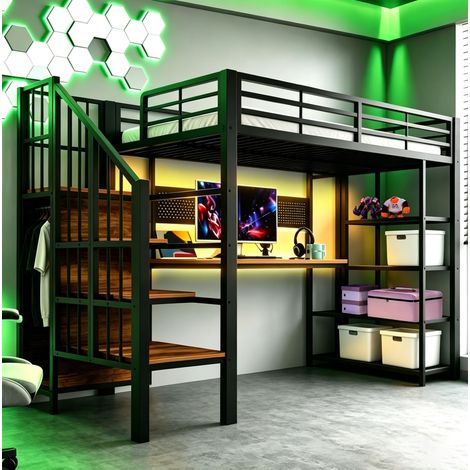 Letto a soppalco moderno 90x200 cm in metallo e legno nero con scala contenitore, scrivania, pannello forato, prese e LED (1/5)