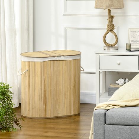 Cesto para la ropa de bambú con tapa, 2 compartimentos, natural, OKWISH (1/5)