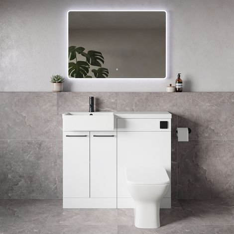 Napoli 250 Gloss White 1000mm 2 Door Vanity Unit Toilet Suite with Left Hand Square Rico Semi Recessed Basin - 1000mm - Matt Black 160mm HandleWith Kingston Toilet Pan and Seat