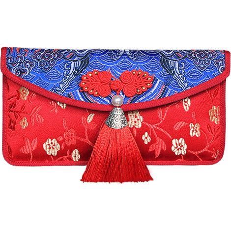 Seidenroter Umschlag, chinesischer roter Glücksumschlag für Frühlingsfest, Hochzeit, Neujahr, Geburtstag, Ozeanwellenblaue Perle (1/2)