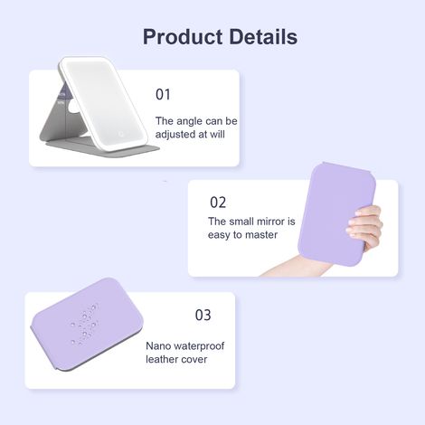 Miroir de maquillage LED rechargeable pliable, portable avec éclairage, miroir cosmétique lumineux bleu ciel, format voyage, rechargeable USB. (1/5)