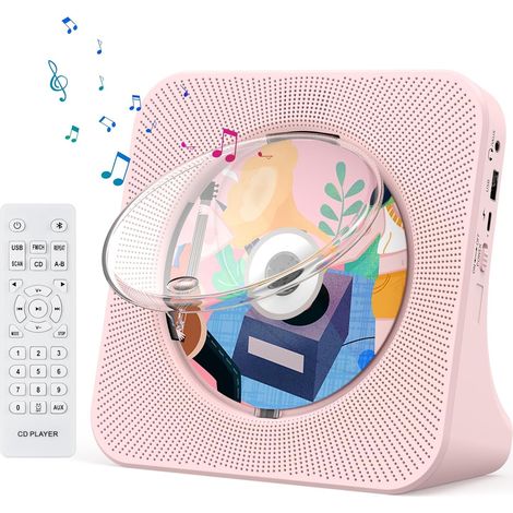 Lecteur CD mural portable Bluetooth, double haut-parleurs HiFi, AUX/casque, FM, télécommande, USB, LCD, rose. (1/5)