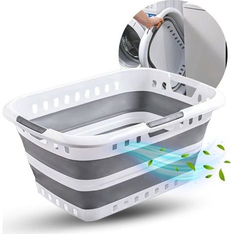 1 zusammenklappbarer Wäschekorb, 45 l, grau-weißes Rechteck, großes Fassungsvermögen, 3 ergonomische Griffe, für Badezimmer oder Waschküche (1/5)