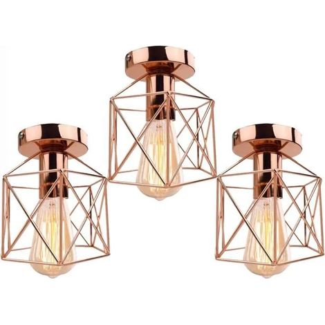 U-Do 3Pcs Plafonnier Carré Or Rose Lampe de Plafonde Cage en Fer design Vintage décoration pour Salon Couloir (1/4)
